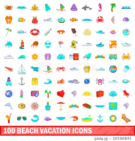 100 beach vacation icons set, cartoon style 30590845