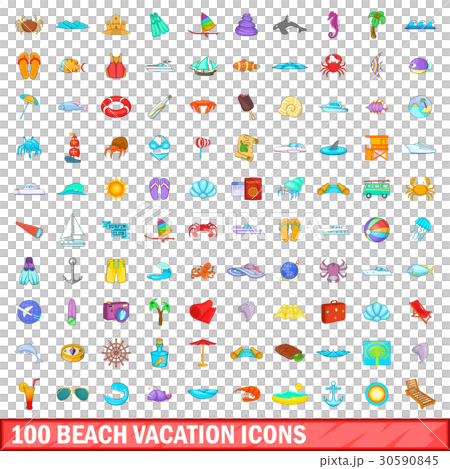 100 beach vacation icons set, cartoon style 30590845