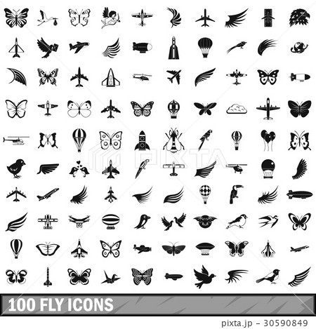 100 fly icons set, simple style 30590849