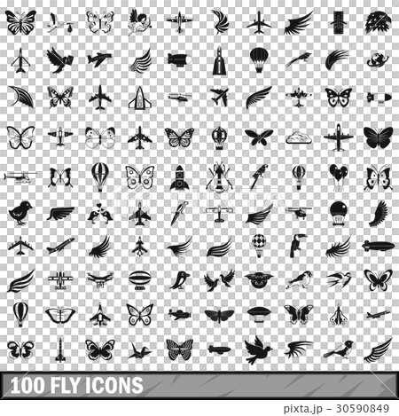 100 fly icons set, simple style 30590849