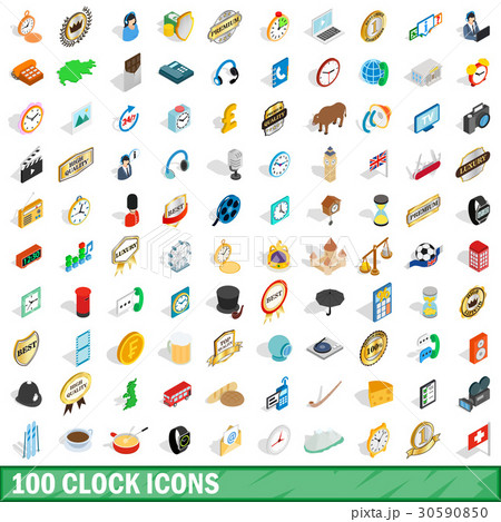 100 clock icons set, isometric 3d style 30590850