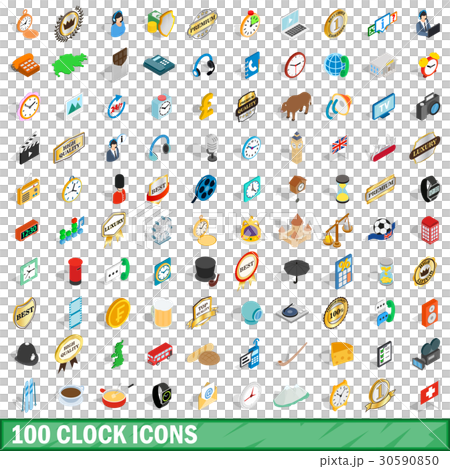 100 clock icons set, isometric 3d style 30590850