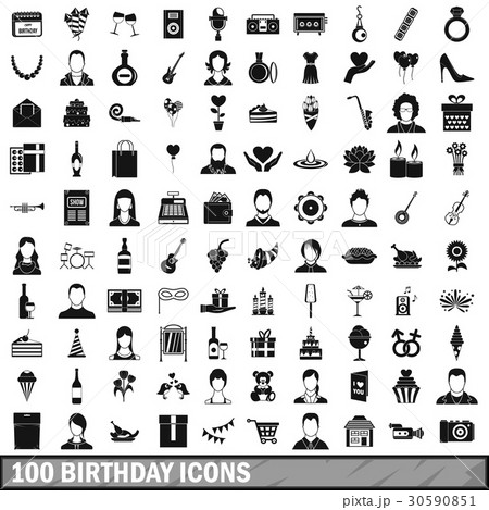 100 birthday icons set, simple style 30590851