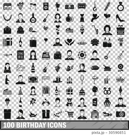 100 birthday icons set, simple style 30590851