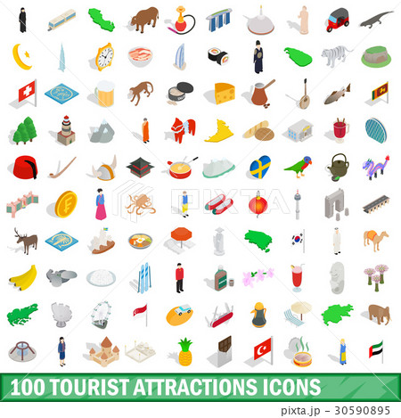 100 tourist attractions icons set 30590895