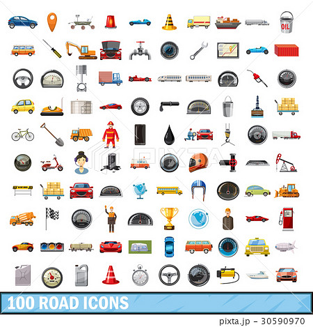 100 road icons set, cartoon style 30590970