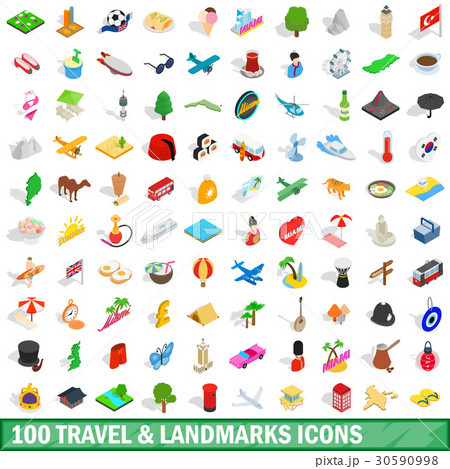 100 travel landmarks icons set, isometric 3d style 30590998