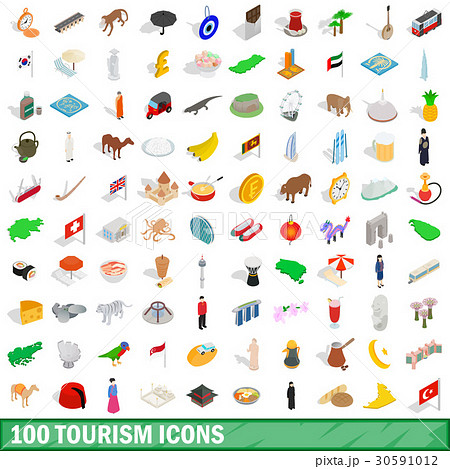 100 tourism icons set, isometric 3d style 30591012