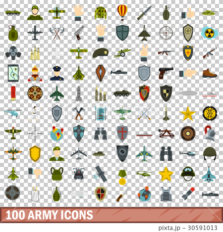 100 army icons set, flat style 30591013