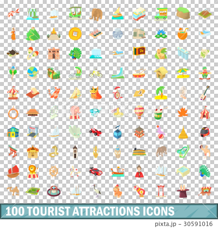 100 tourist attraction icons set, cartoon style 30591016