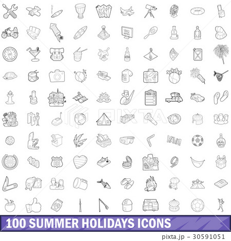 100 summer holidays icons set, outline style 30591051