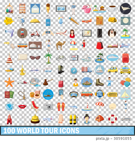 100 world tour icons set, cartoon style 30591055