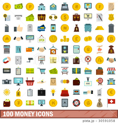100 money icons set, flat style 30591058
