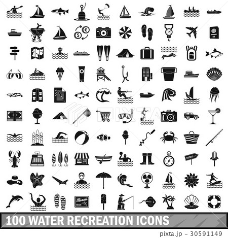 100 water recreation icons set, simple style 30591149