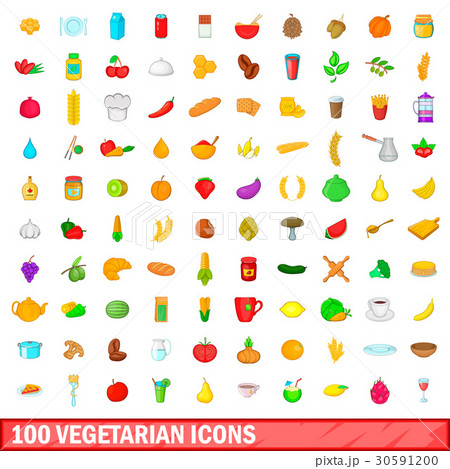 100 vegetarian icons set, cartoon style 30591200