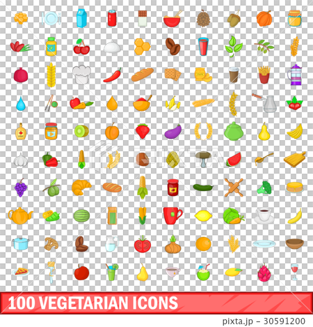 100 vegetarian icons set, cartoon style 30591200