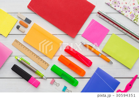 Flat lay of colorful office and school stationery 30594351