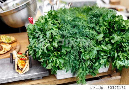 Organic farmers food market, fresh greenery Organic farmers food market, fresh greenery 30595171