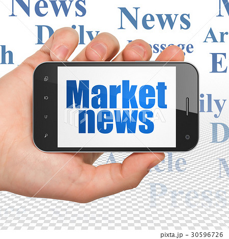 News concept: Hand Holding Smartphone with Market News concept: Hand Holding Smartphone with Market 30596726