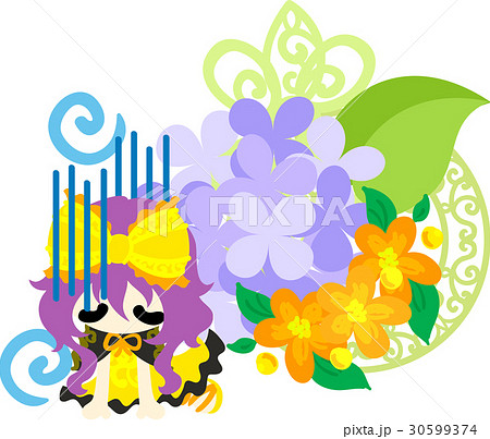 落ち込む可愛い女の子と紫陽花のオブジェのイラスト素材