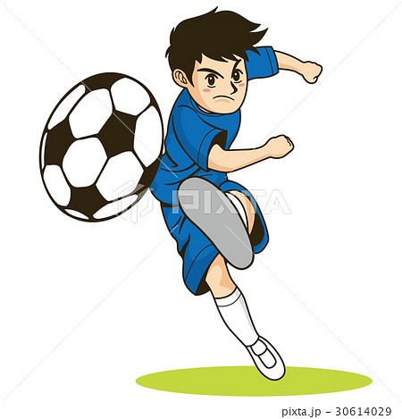 カタログやパンフレットで使えるサッカーでシュートをするサッカー少年のイラスト素材