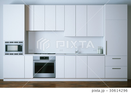 3d render white modern kitchen closeup 30614296