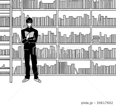 大きな本棚と本を読む男子学生のイラスト素材