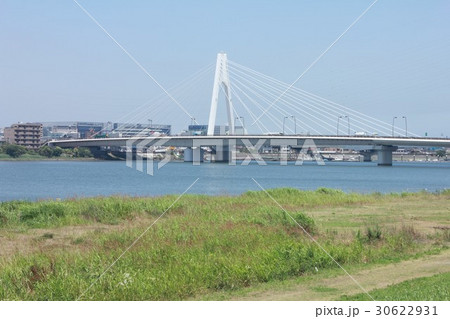 初夏の川崎市中瀬の多摩川堤防から見る大師橋と大田区の街並み 30622931