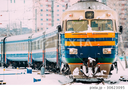 Old Diesel locomotive on Railway In Cold Snowy Old Diesel locomotive on Railway In Cold Snowy 30623095