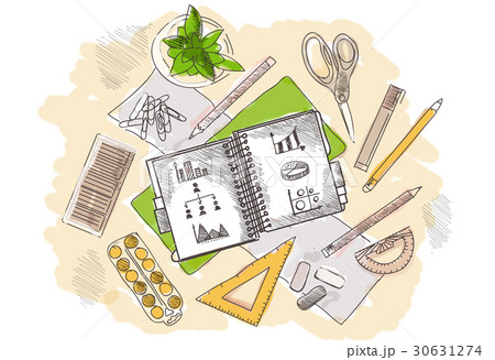 Drawn image of work table with objects Drawn image of work table with objects 30631274