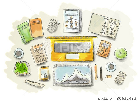 Drawn image of work table with objects Drawn image of work table with objects 30632433