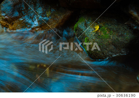 Waterfall and rocks with leaf in dark low key Waterfall and rocks with leaf in dark low key 30636190