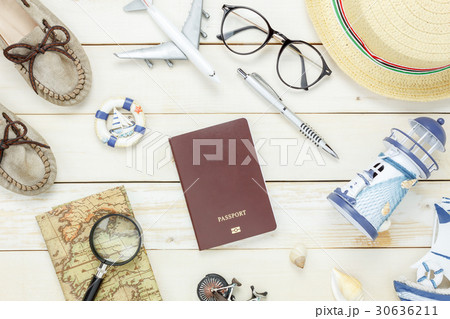 Top view accessories to travel beach. Top view accessories to travel beach. 30636211