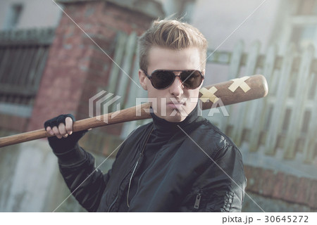 Hooligan with baseball bat and glasses Hooligan with baseball bat and glasses 30645272