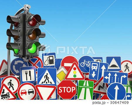 Traffic road signs on the sky background. 30647409