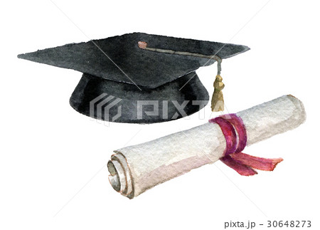 watercolor sketch of student cap and diploma  30648273