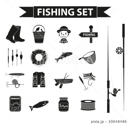 Fishing icon set, black silhouette, outline style 30648486