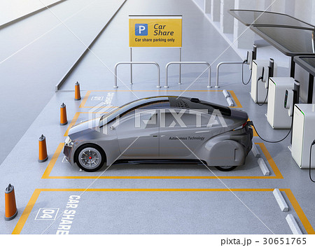 カーシェア専用駐車場に駐車している無人運転電気自動車。カーシェアリングのコンセプト カーシェア専用駐車場に駐車している無人運転電気自動車。カーシェアリングのコンセプト 30651765