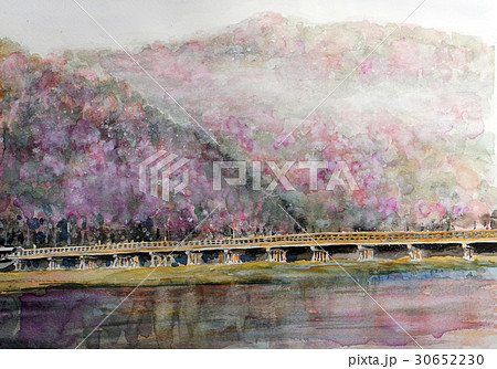 渡月橋の春 京都のスケッチ 嵐山のイラスト素材