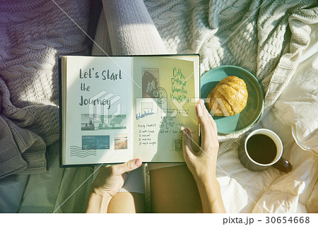 Woman Reading Note Diary On Bed Breakfast Morning Woman Reading Note Diary On Bed Breakfast Morning 30654668