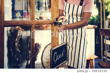 Adult Woman Open Door Hanging Open Sign 30658330