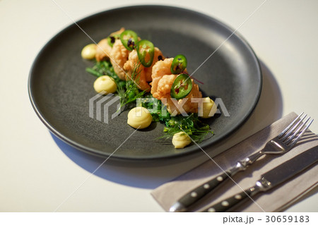 close up of prawn salad with jalapeno and wakame close up of prawn salad with jalapeno and wakame 30659183