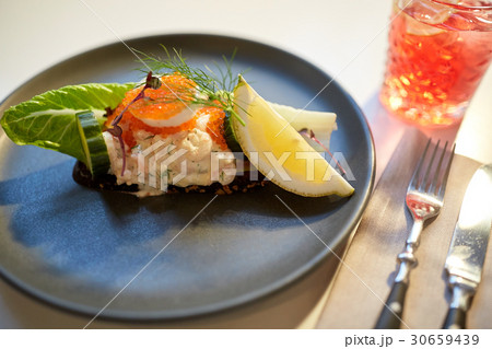 close up of toast skagen with caviar and bread close up of toast skagen with caviar and bread 30659439