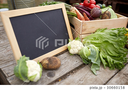close up of vegetables with chalkboard on farm 30660158