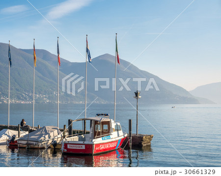 Yacht in bay in lake, Locarno, Switzerland 30661329
