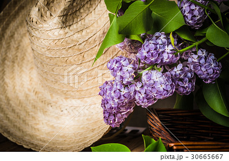 Still-life with a bouquet of lilacs and straw hat Still-life with a bouquet of lilacs and straw hat 30665667