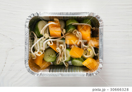 Healthy food in foil boxes, diet concept. Soy 30666328