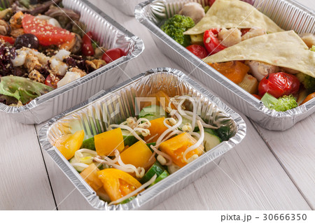 Healthy food take away, top view at wood 30666350