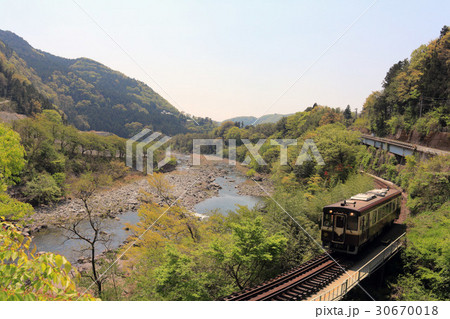 わたらせ渓谷鉄道　鉄橋と単行列車 30670018