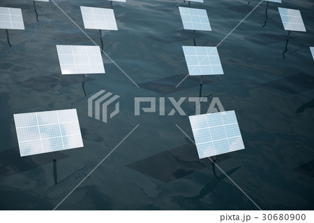 3D illustration of big solar panels on sea, ocean 3D illustration of big solar panels on sea, ocean 30680900